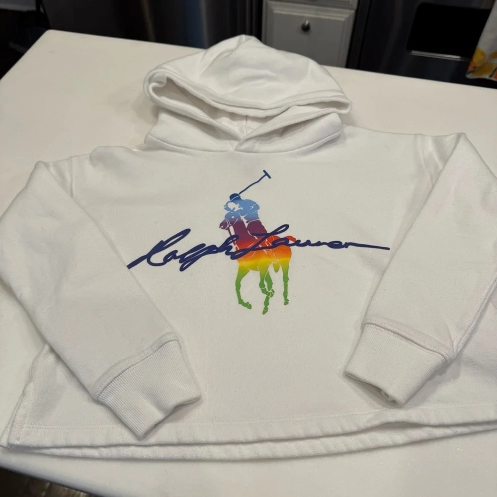 Ralph Lauren Girls 2 PCS Set Reversible Down Puffer Vest & White Hoodie M(8-10)